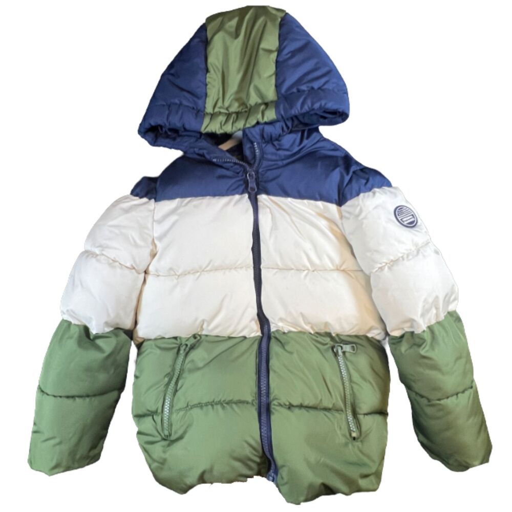 Original Marines Boys Colorblock Hooded Puffer Jacket Size 7/8 White Green Blue